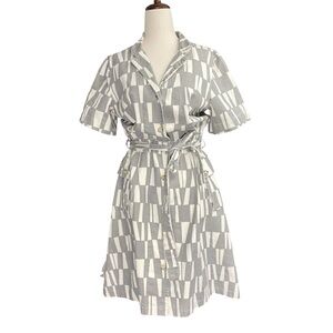 Utility Canvas Geometric Print Grey White Pocket Shirt Dress Size Medium